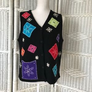 Northern Isles Wool Sweater Vest Women’s L Black Patchwork Snowflake Embroider